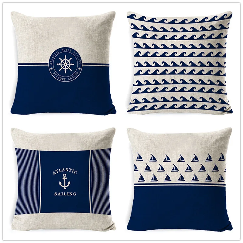 

Blue Anchor Cotton Linen Pillowcase Sea Sailing Dream Throw Pillow Cover Bed Sofa Luxury Designer Pillows Case Decor Home 45x45