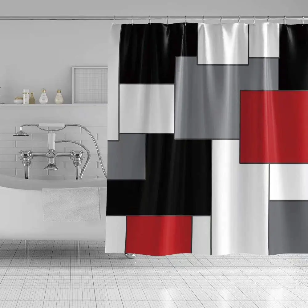 

Colorful Square Shower Curtain Geometric Pattern Rectangular Red Grey Black White Bath Curtain for Girl Master Guest Club Modern