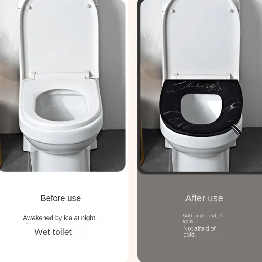 Waterproof Marble Grain Toilet Seat with Handle Reusable Toilet Cover Gasket Zipper Thicker Winter Seat Cover Winter