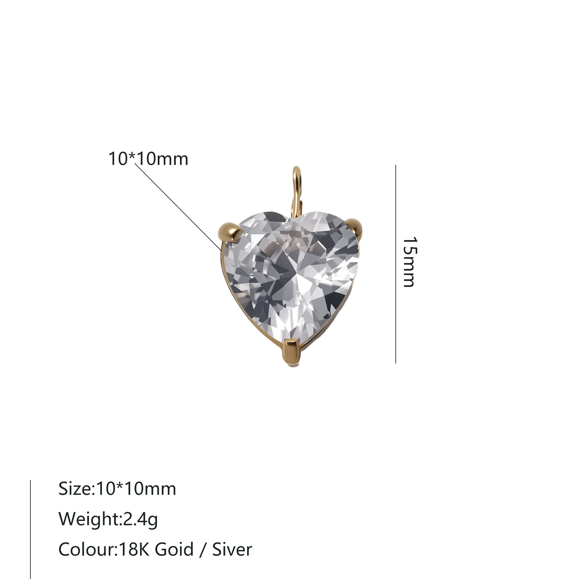 10MM Funkelnde Herz-Zirkonia-Anhänger für DIY-Schmuckherstellung Damen 18K Gold Silber Plattiert Kristall Liebes-Charms Großhandel – Detail 1