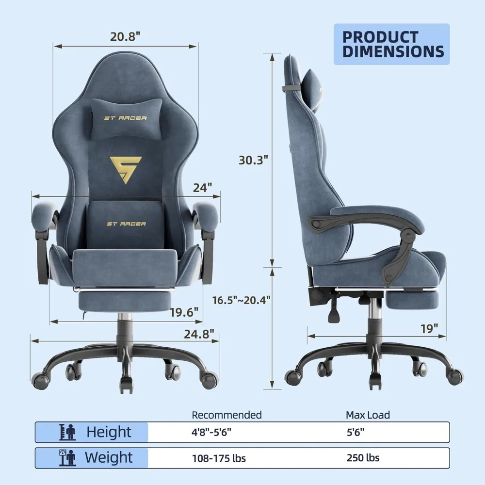 Velvet Fabric Ergonomic Gaming Chair with Footrest and Massage, High Back Reclining Computer Gamer Chair for Adult, Racing Styl