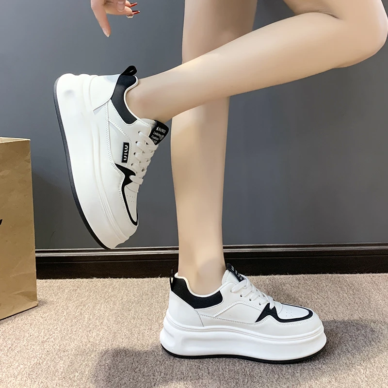 

Women's Solid Color Mesh Sneakers, Lace Up Platform Soft Sole Heightening Skate Shoes, Breathable Low-top White Shoes