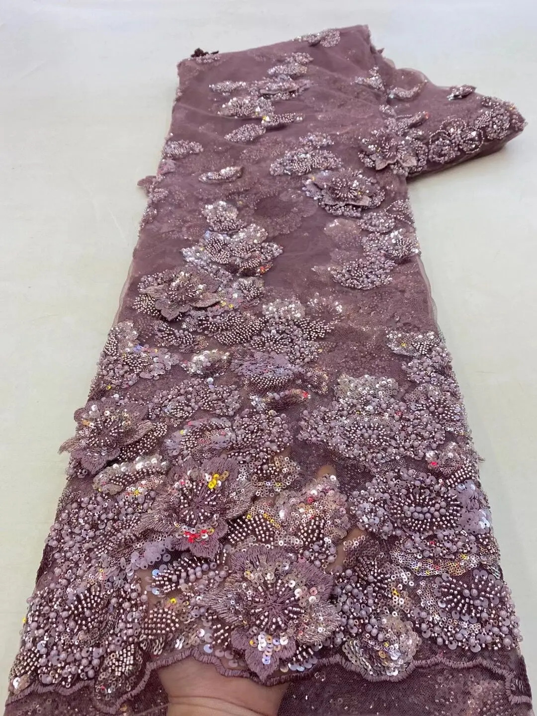 Description Picture 2 of itemgood looking JIANXI.C-1302.4502 French net lace fabric with sequins embroidery beaded tulle lace fabric