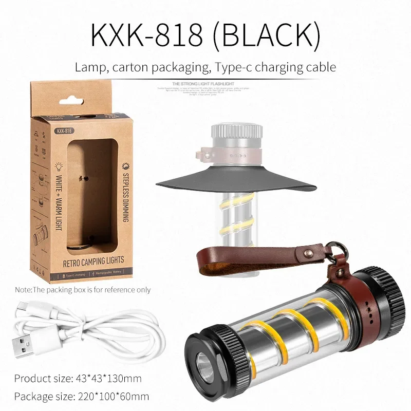 Camping Flashlight COB Torch Dimmable Waterproof Type-C Charging Emergency Lamp for Fishing Hiking
