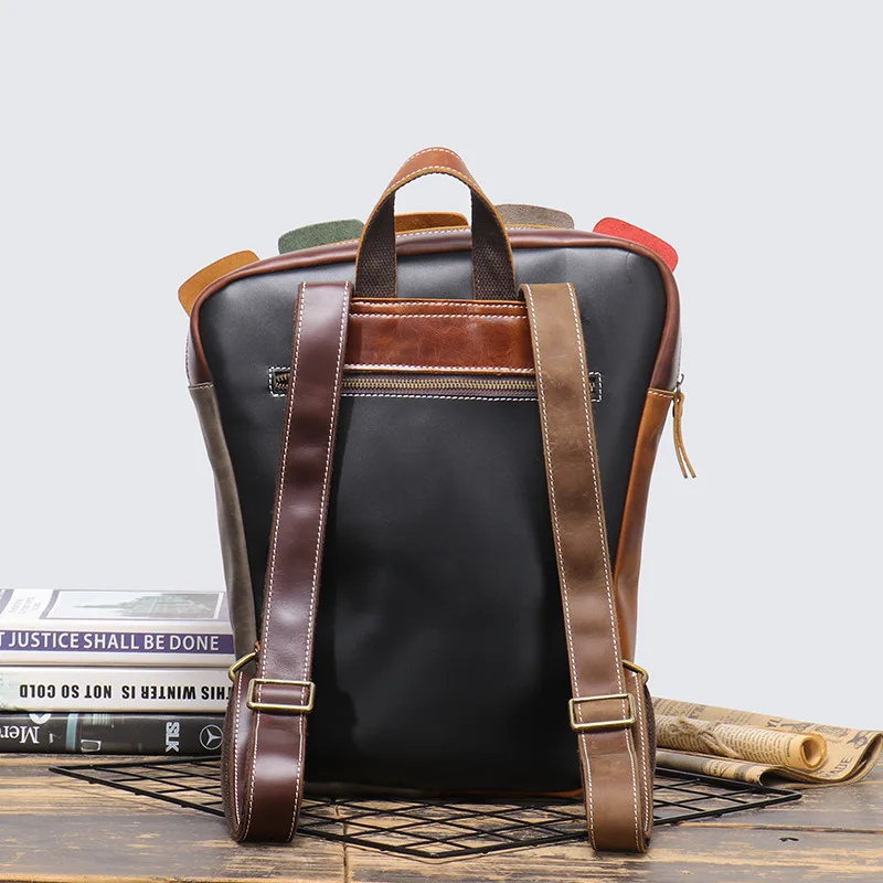 Vintage Men's Leather Backpack Crazy Horse Leather Color Blocking Large Capacity Laptop Bag