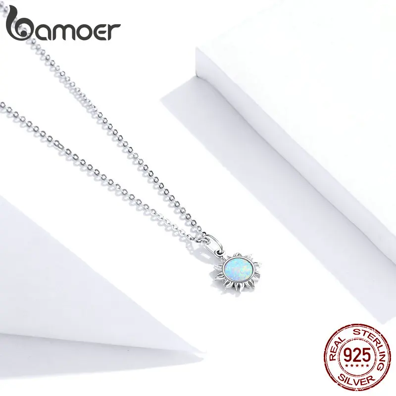 Silver Chain Necklace Natural Stone Necklace Bamoer 925 Sterling Silver White Opal Sun Pendant Necklace Apollo Chain Necklaces for Women Birthday Gift Jewelry