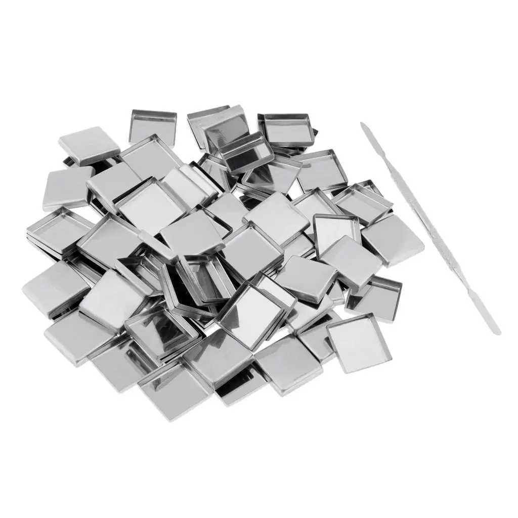 Set of 100 Empty Square Metal Tin Pans with Stick for Eyeshadow DIY