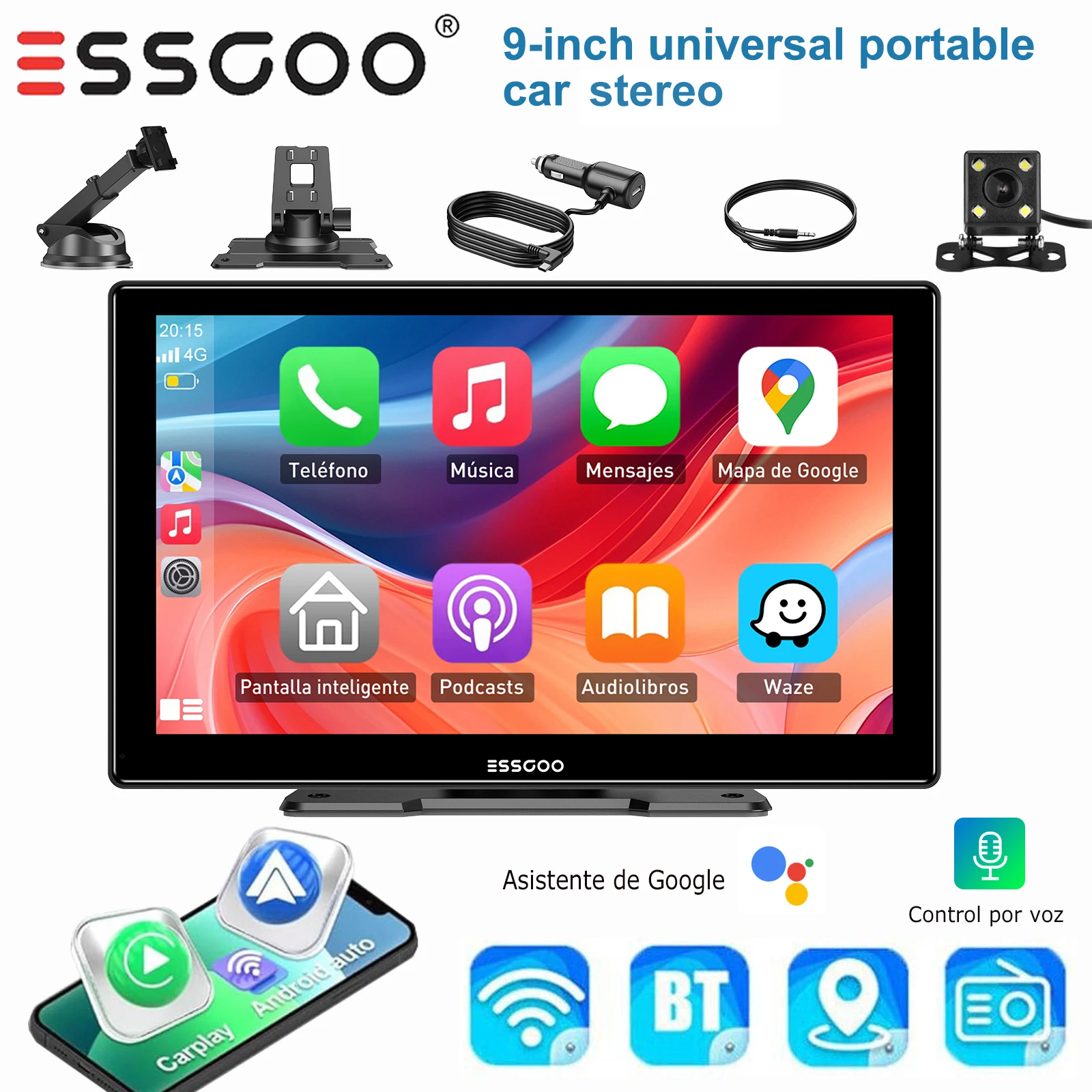 ESSGOO 9 Zoll IPS HD Touchscreen Universal Tragbar Autoradio Multimedia Player Wireless Apple Carplay Android Auto USB TF AUX Bluetooth Mirror Link KI-Sprachsteuerung Google Assistant FM