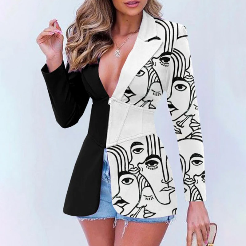 Women's Vintage Abstract Printing Office Blazer, Lady Coat, Turn-down Collar, Patchwork Outerwear, Long Sleeve, Slim Women Tops