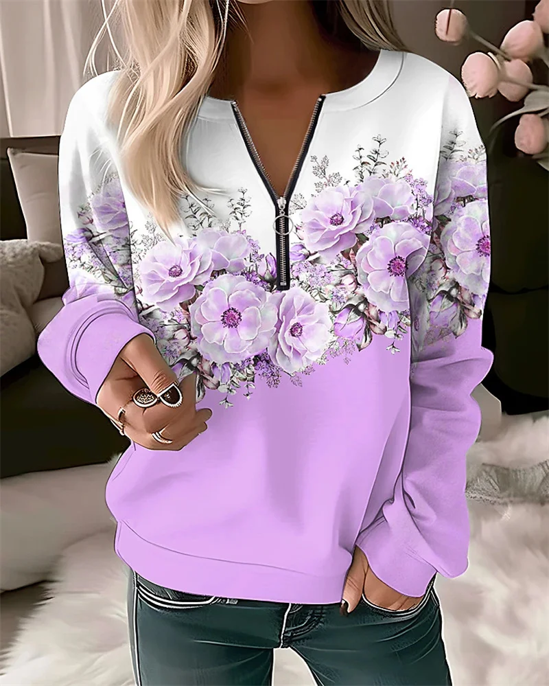 Women's Crew Neck Zipper Half-open Sweatshirt Elegant Botanical Flower Print Hoodie Female Autumn Long Sleeve Pullover Outerwear