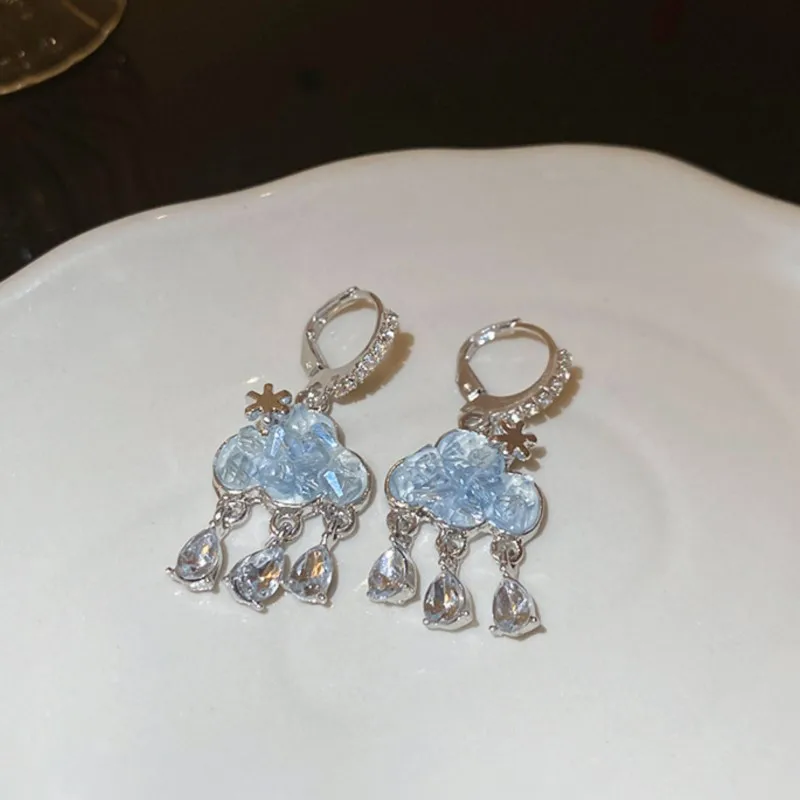 Cute Fashion Blue Zircon Cloud Pendant Hoop Earring for Women Water Drop Huggie Y2K Party Jewelry Accessories