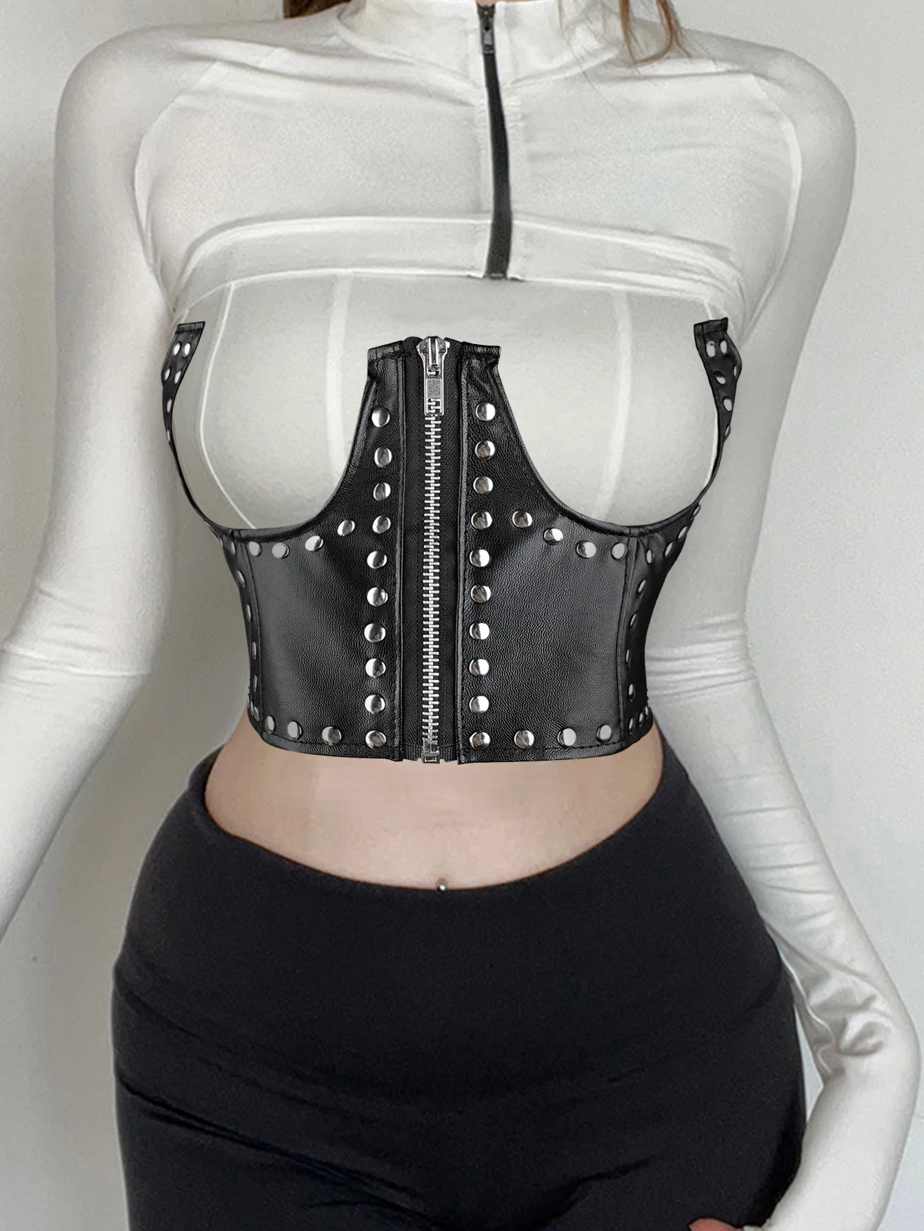 Punk-Stil, Nieten-Hemdkleid mit elastischem Bund, vielseitige elastische Damendekoration, breiter Taillenverschluss, Zugketten-Stil