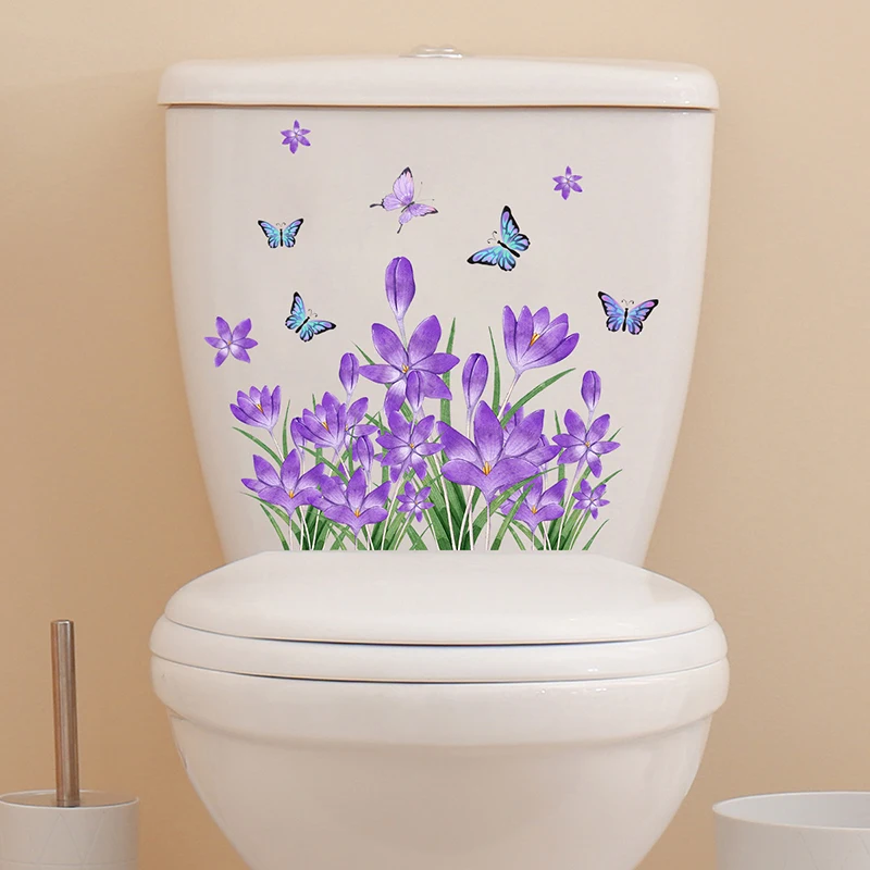 

Purple Flower Butterfly Wall Sticker Bathroom Toilet Decor Living Room Cabinet