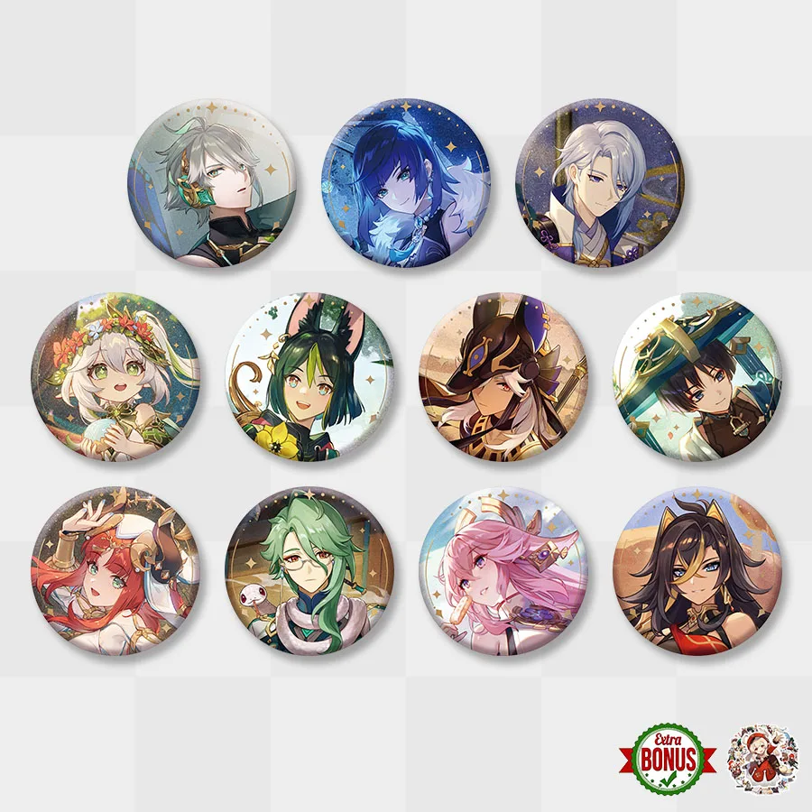 

Anime Impact Badge Naizhu Alhaitham Dehya Yae Miko Nilou Wanderer Cyno Tighnari Nahida Ayato Yelan Brooch Metal 58mm Pin