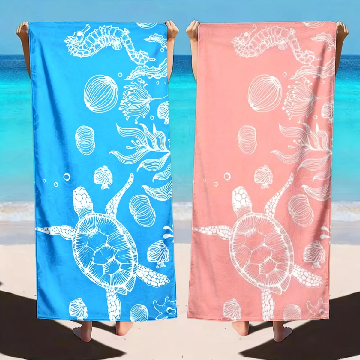 Set Of 2 Assorted Summer Beach Towels Ocean Turtle Starfish Prints_voghion.com