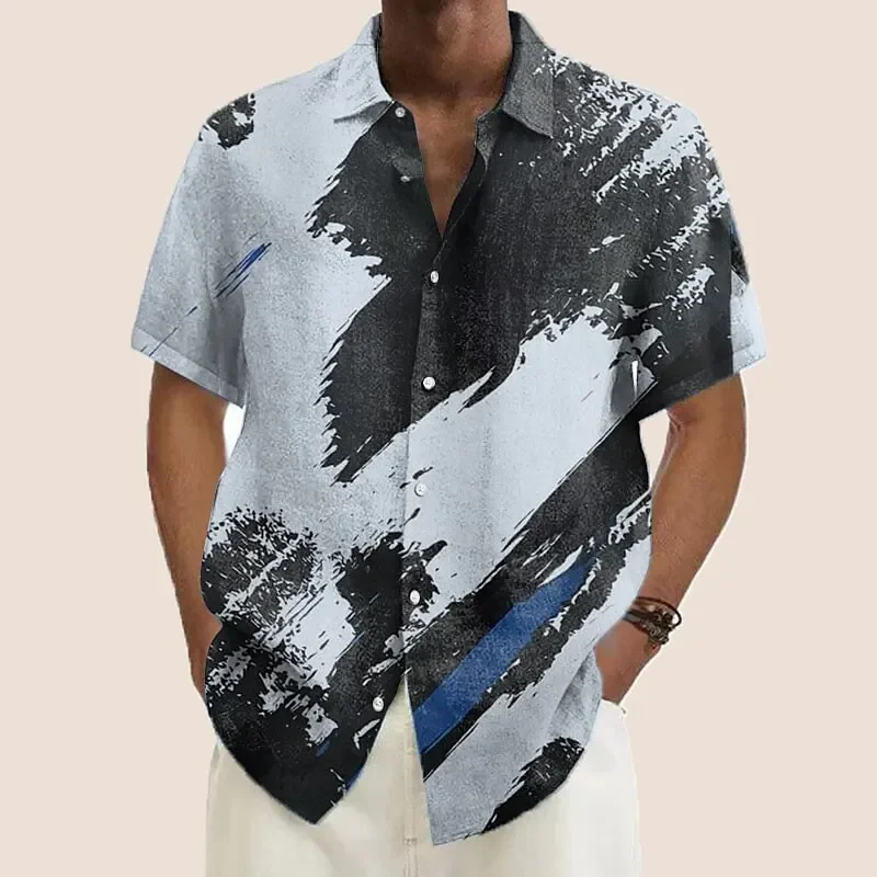 

Hot Chinese ink painting graffiti gradient pattern printed short-sleeved shirt Fashion high-end design lapel men's top New men's