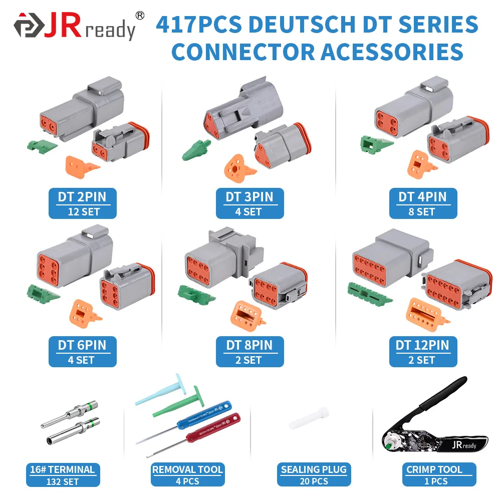 JRready ST6308 DT Connector Kit in 2,3,4,6,8,12 Pin with Solid Terminals，NEW-DT2 Crimper Equivalent to Deutsch HDT-48-00Crimper 2