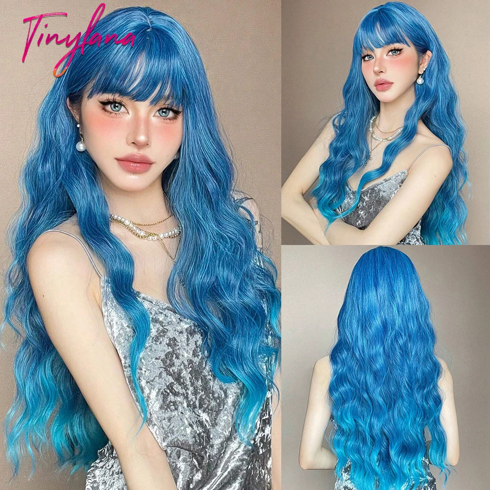 Curly Long Colored Blue Ombre Wave Synthetic Wigs with Bangs
