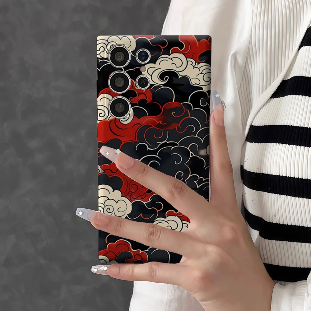 Elegant Red & Black Ukiyo-e Cloud Design Shockproof Phone Case - Double Layer Protection