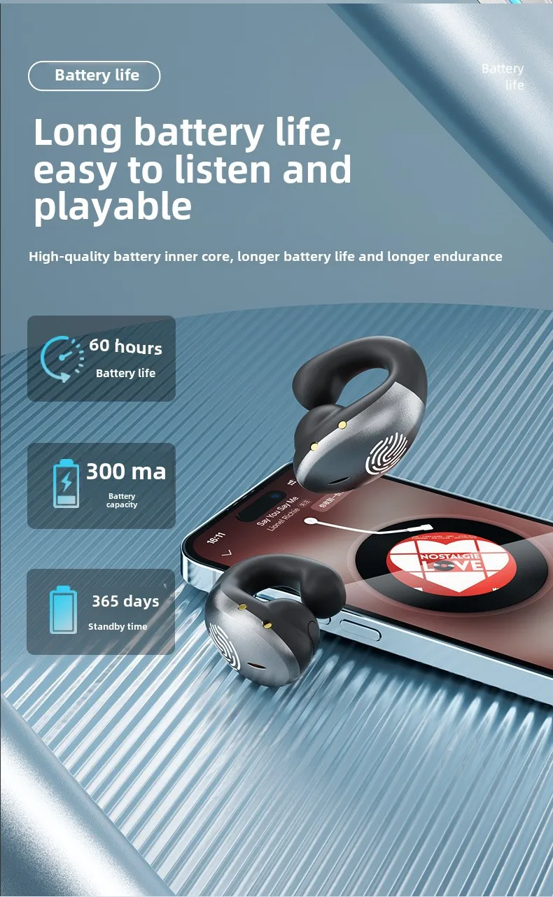 New OWS bone conduction clip ear type ultra-long standby painless ear sports mus