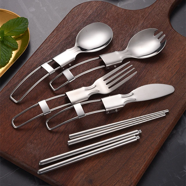 5pcs 304 Stainless Steel Folding Tableware Outdoor Travel Convenient  Tableware (Size : 4PCS/SET)