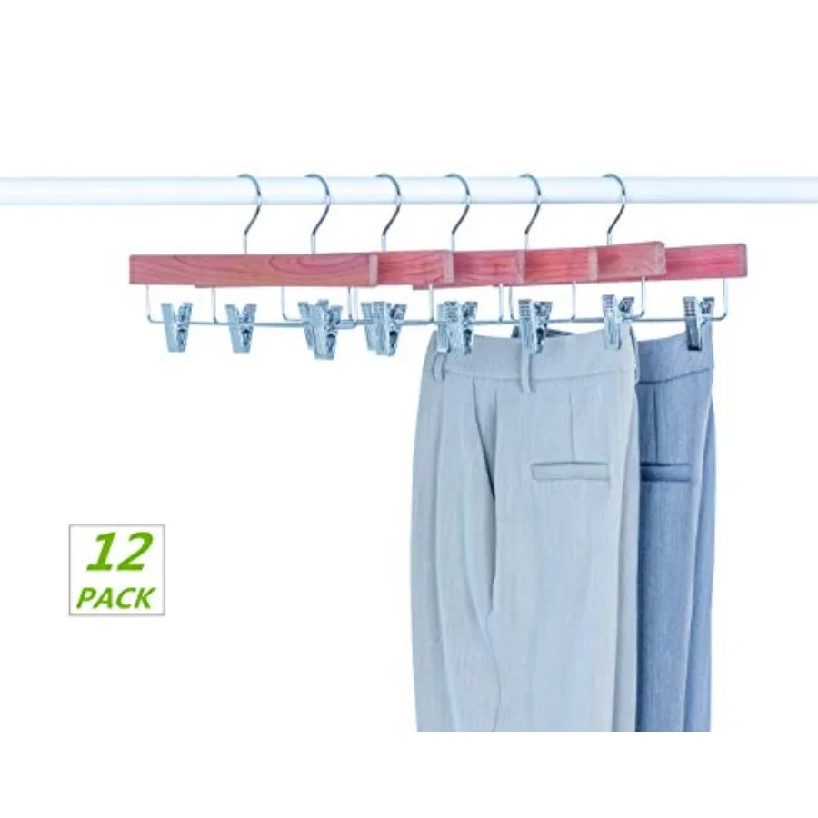 12 Pack Natural American Red Cedar Wooden Pants Hangers with 2Adjustable Clips for Trousers Jeans Shorts and Skirts Durable Bot