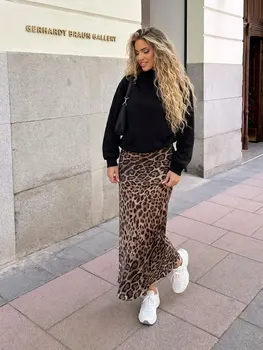 HH Women Elegant Leopard Print Satin Maxi Skirt Vintage Loose High Waist Zipper Skirt Spring Summer Vacation Streetwear Skirts