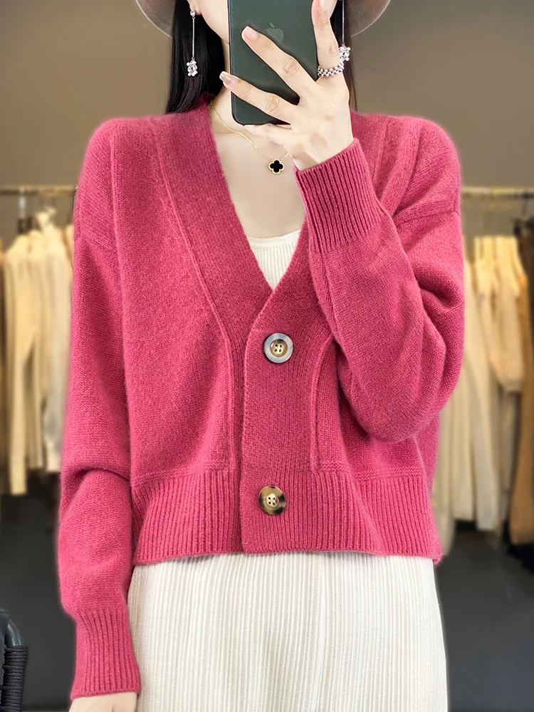 

100% Merino Wool Cardigan V-Neck Long Sleeve High Quality Cashmere Knitwears Autumn Winter Women's Sweater Vintage Tops