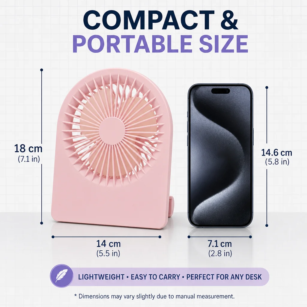 Compact USB Rechargeable Desk Fan with Cellphone Holder – 3-Speed, Low Noise, Portable Air Cooler