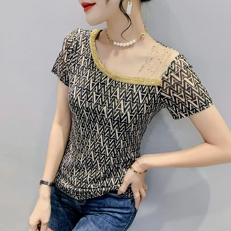 

2023 Summer European Clothes T-Shirt Chic Sexy Skew Collar Patchwork Diamonds Beads Print Women's Tops Short Sleeve Tees 33042