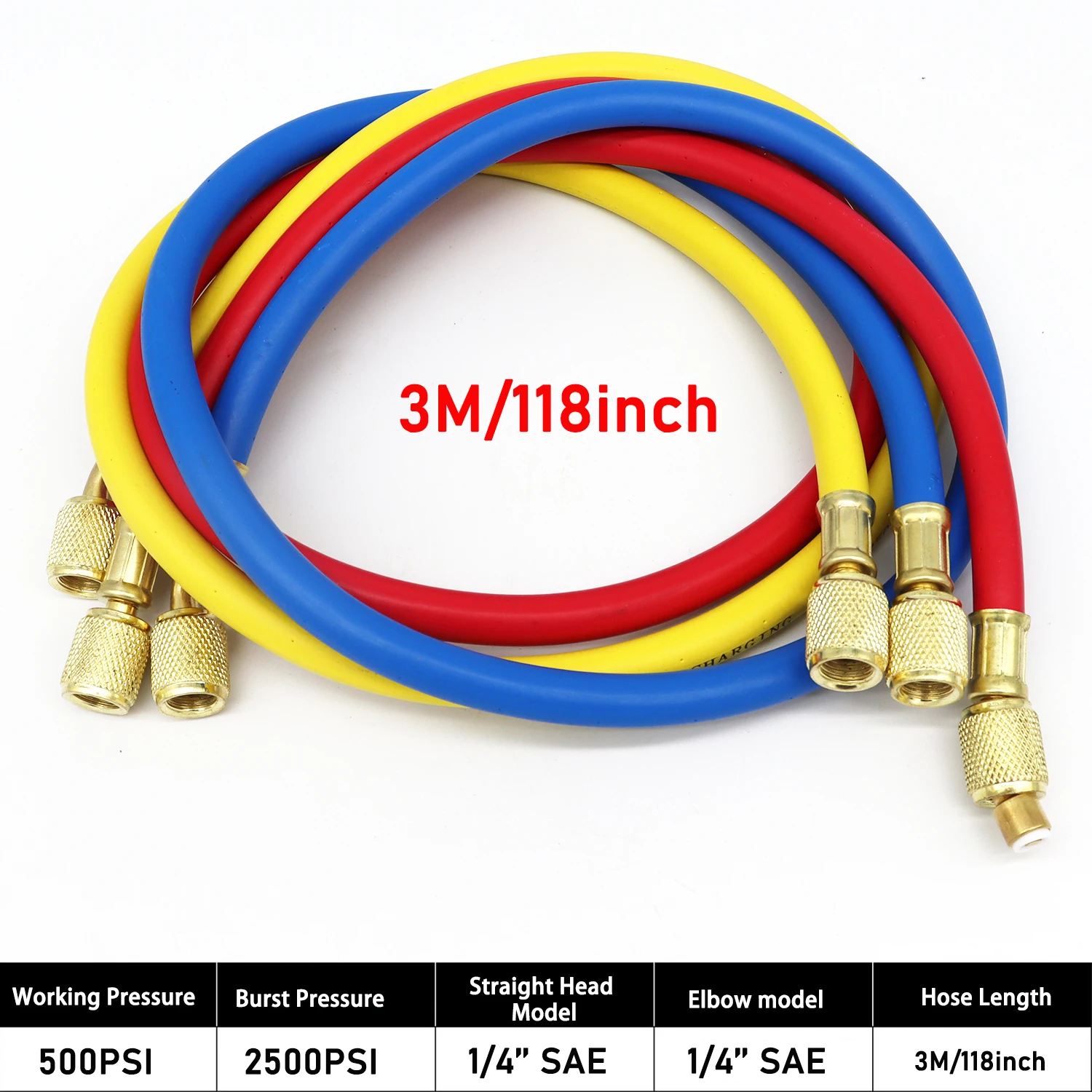 3M/118 Zoll 3-teiliges Kältemittel-Ladeschlauch-Set (2500 ~ 500) PSI AC, passend für HVAC-Klimaanlagen-Kältemittelverteilermessgeräte R12 R22 R502