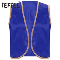 Mens Halloween Arabian Prince Waistcoat Vest Shiny Gold Trim Open Front Carnival Party Dress Up Indian Arabian Cosplay Costumes 1