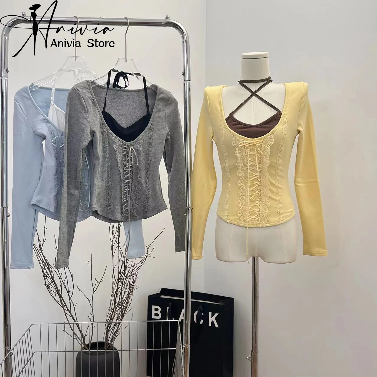 

Новинка 2024, Женская осенне-зимняя модная и элегантная футболка Y2K из двух частей с имитацией кружева и соединения, с кружевом и расклешенными рукавами