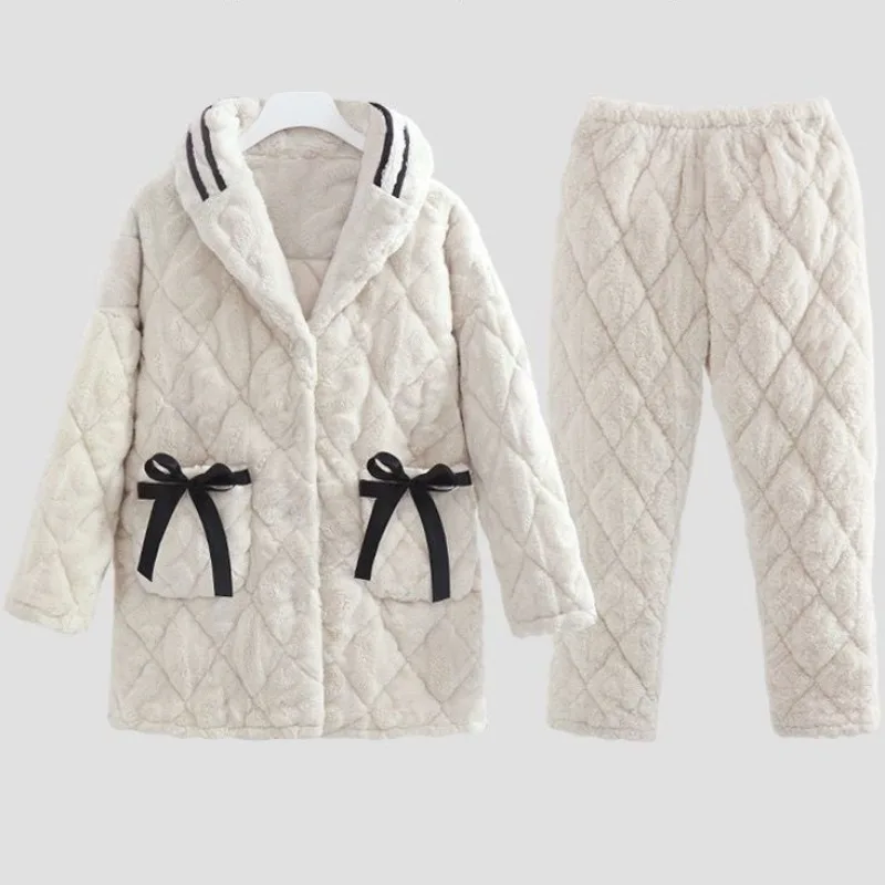 2024 New Pajama Women Winter Coral Velvet Sleepwear Plus Thick Velvet Three-layer Padded Loungewear Warm Suit Cute Homewear