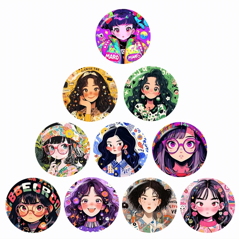 

Korean Style Cartoon Girl 10pcs 12mm/16mm/18mm/20mm/25mm/30mm Glass Cabochon Demo Flat Back Making Findings