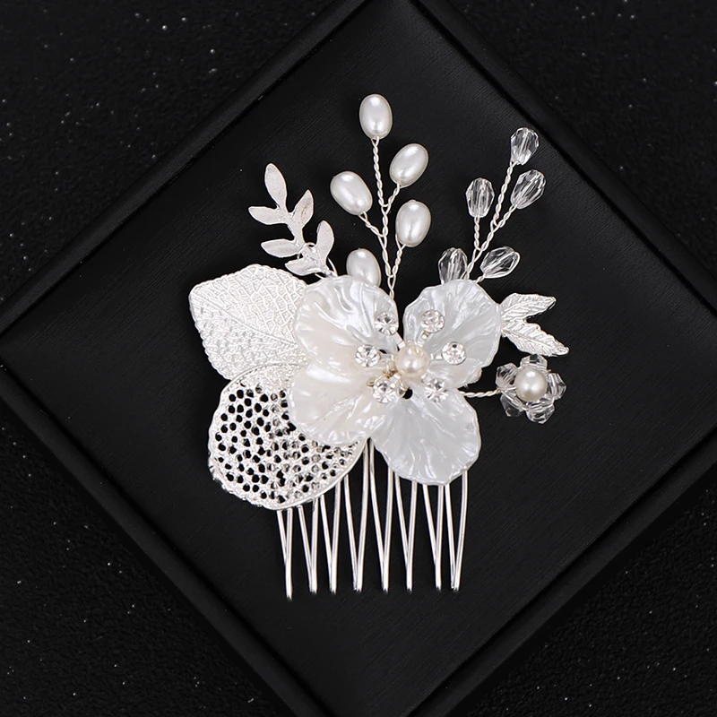 Gold Or Silver Pearl Flower Leaf Crystal Hair Comb Pin Band For Women Bride Wedding Bridal Hair Accessories Jewelry Comb Gift