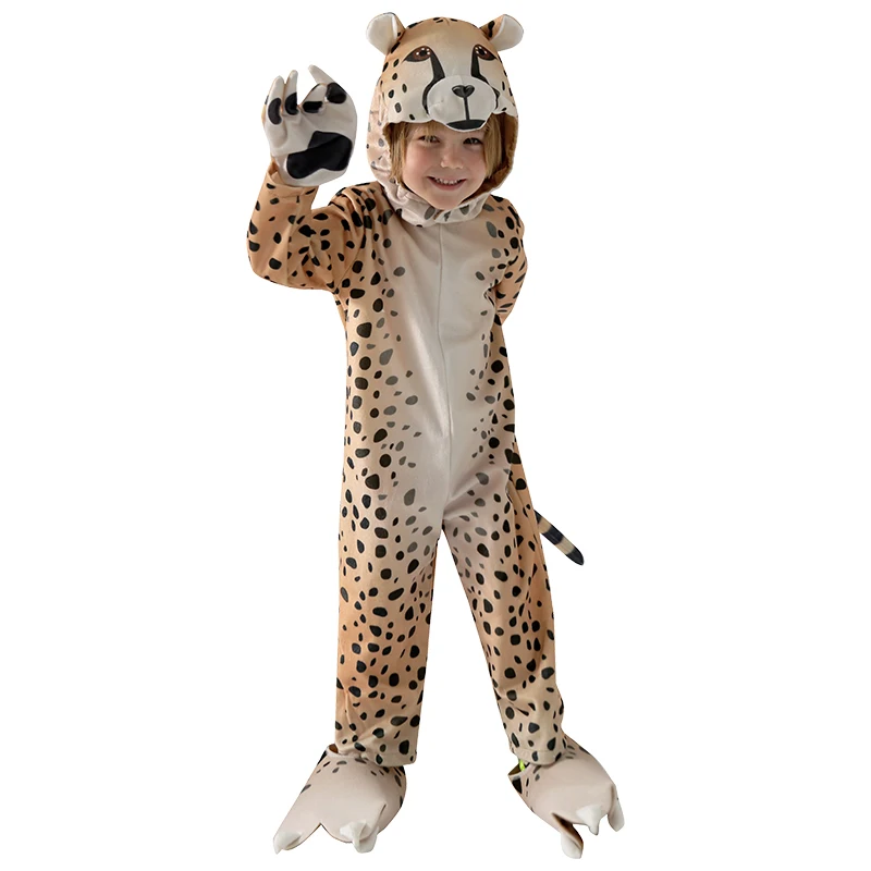 Halloween Kids Cheetah Costume Spotted Animal Onesie Clothing Set with Hood & Paw Details for Parties