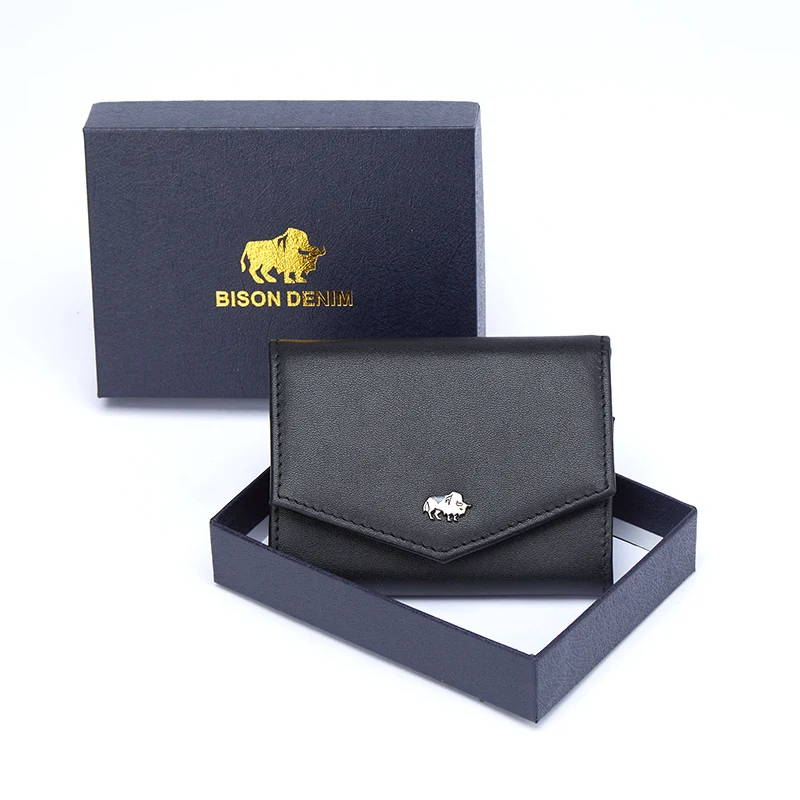 BISONDENIM Genuine Leather Short Wallets Card Holder Carbon Fiber Purses Money Clips Coin Mini Pocket Men Women Wallet 6