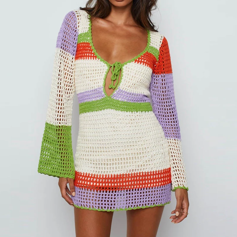 

Autumn Winter Women Knitted Sundress Vintage Crochet Hollow Out V Neck Bandage Full Sleeve Mini Dress Y2K Aesthetics Clothes