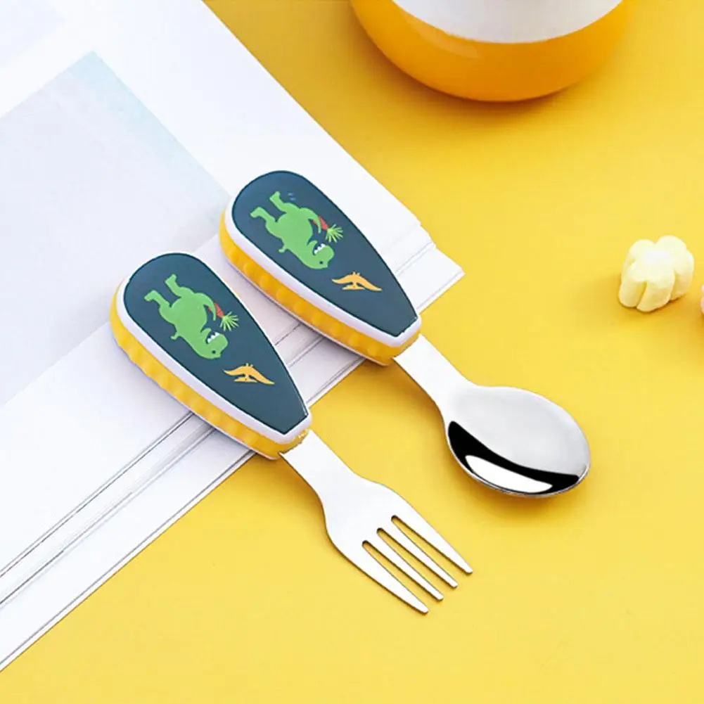 2Pcs Short Handle Utensil Toddler Utensils Cute Toddler Feeding Spoon And Fork Set Steel Innovative Cartoon Dinosaur