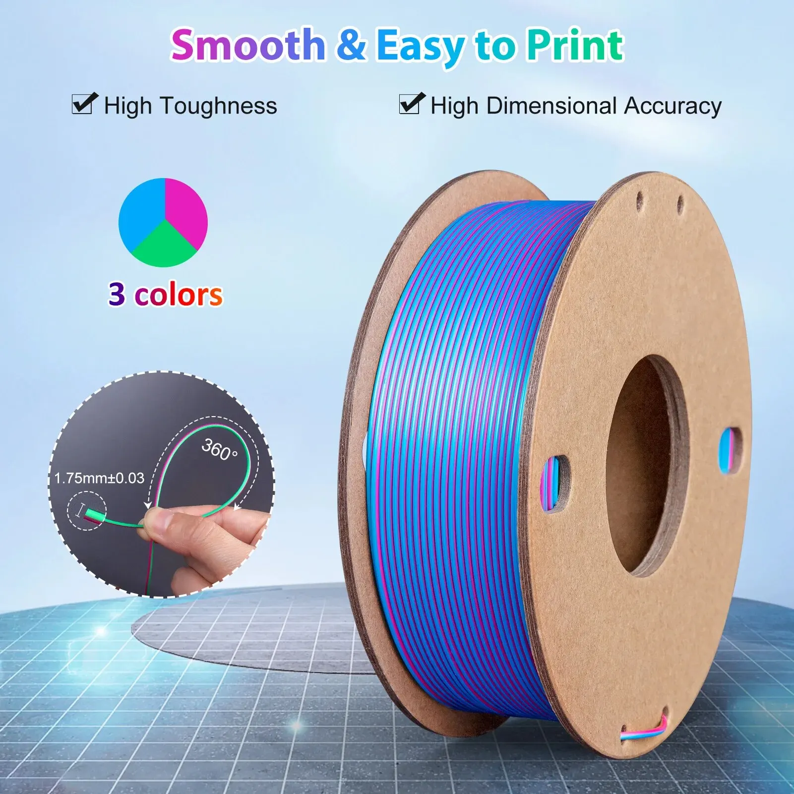 실크 PLA 3D 프린터 필라멘트, 트리플 컬러 실크 PLA 필라멘트, 250g, 3 인 1 컬러, 로즈 레드 스카이 블루 그린, 1.75mm
