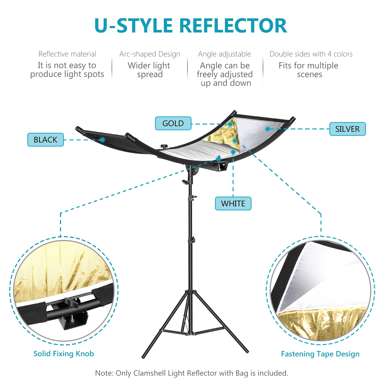 K&F CONCEPT U-Shape Reflector Curved Reflector 180x60cm with 4-in-1 Reflective Fabric, Black/Gold/White/Silver, with 1.9m Stand, with Storage Bag, for Photography Studios