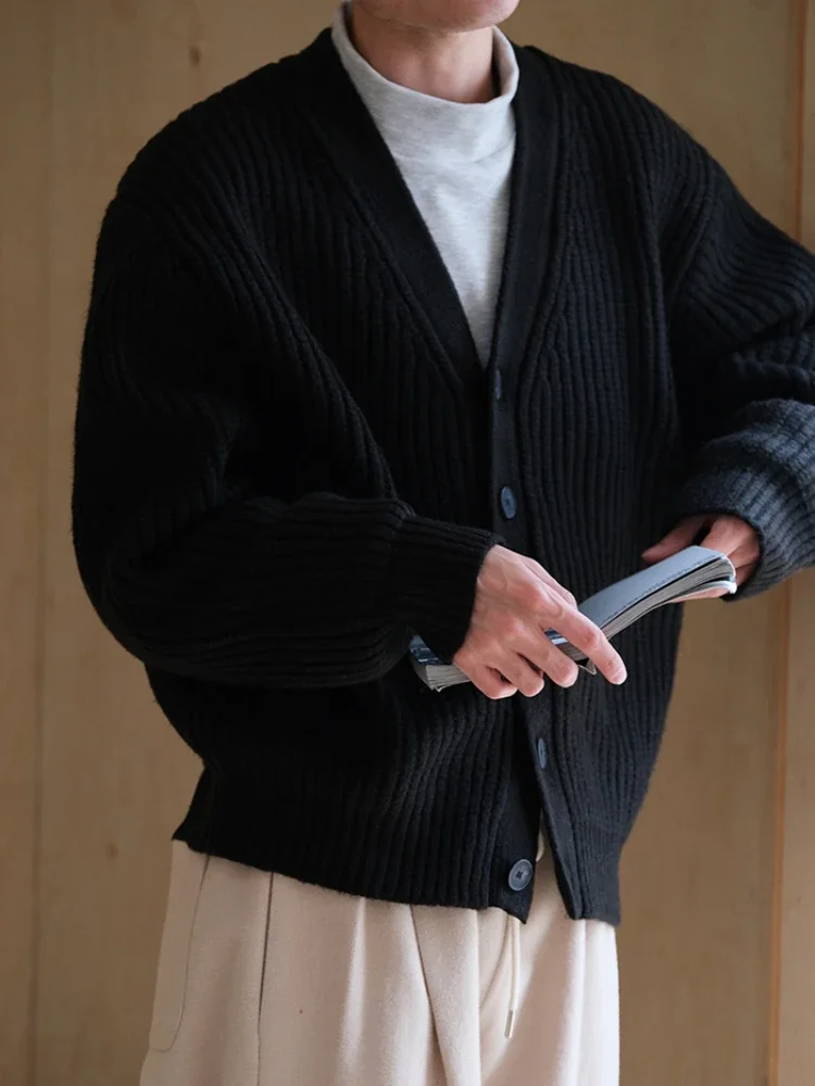 Knitted Cardigan Men Chic Warm Simple Advanced Knitting Sweaters Japanese Style V-neck Single Breasted Daily Unisex