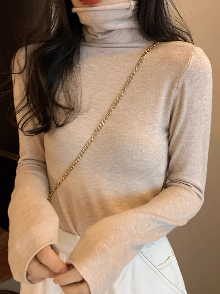 

Элегантные облегающие пуловеры, вязаная офисная водолазка с закругленными краями, дамское нижнее белье, однотонные базовые Повседневные пуловеры с длинным рукавом