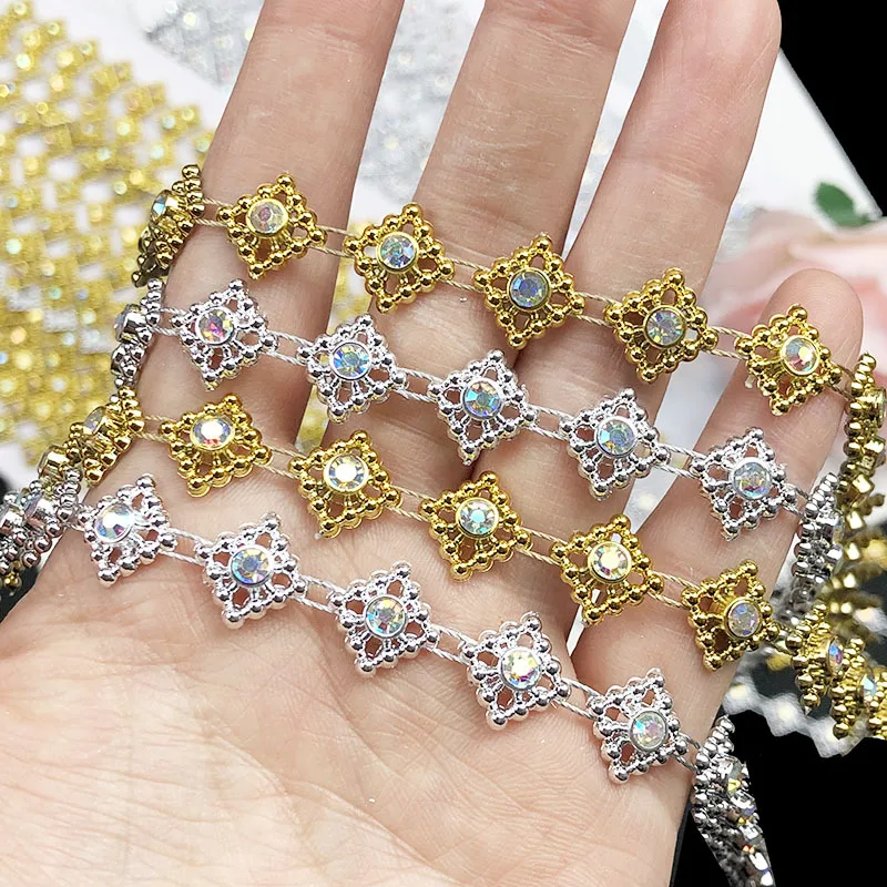 4 Yards 12mm Wide Exquisite Gold Sliver Rhinestone Lace Trim Braided Lace Diamond Ribbon Beaded Gold Sewing Band