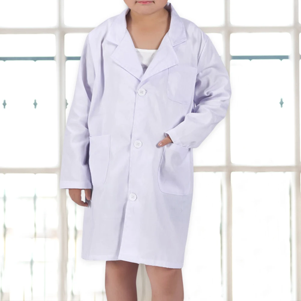 Kids Cosplay Costume Children Unisex Long Sleeve Lab Coat Lapel Collar Button Pocket Nurse Doctor School Child Cosplay Uniform