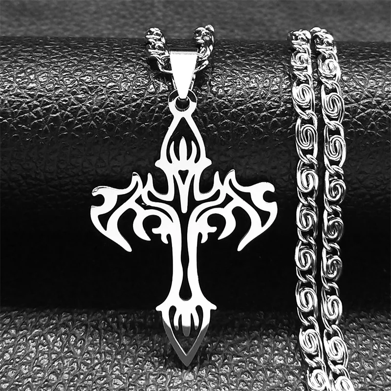 Gothic Cross Flame Halskette Edelstahl für Frauen Männer Silber Farbe Rock Halsketten Schmuck Geschenke Colgante Cruz Gotica Acero – Detail 2