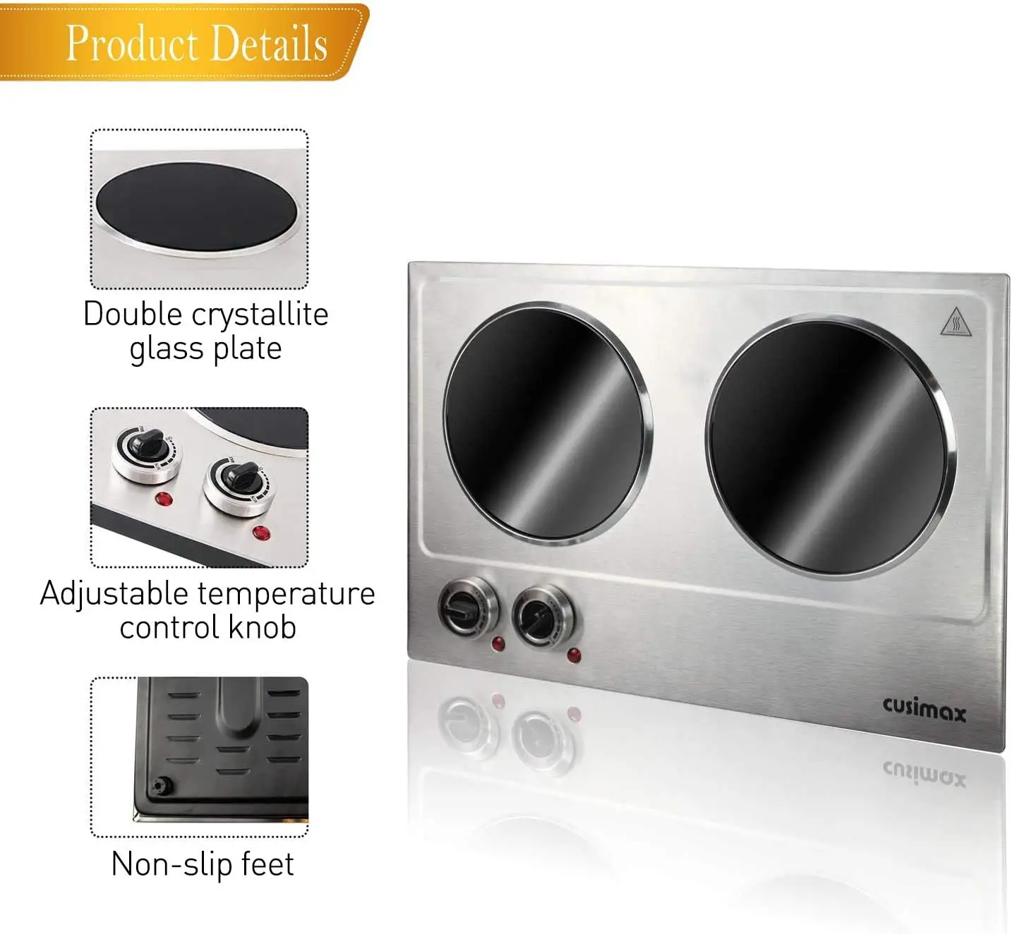 Burner, CUSIMAX 1800W Ceramic Electric Hot Plate for Cooking, Dual Control Infrared Cooktop, Portable Countertop Burner, 2