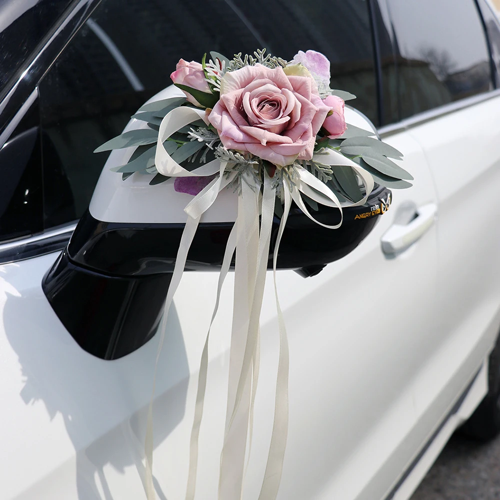Yannew Hochzeit Auto Rückspiegel Dekoration Blumen Mehrzweck Auto Türgriff Blume mit Schleife Hochzeit Gang Stuhl Blumen – Detail 10