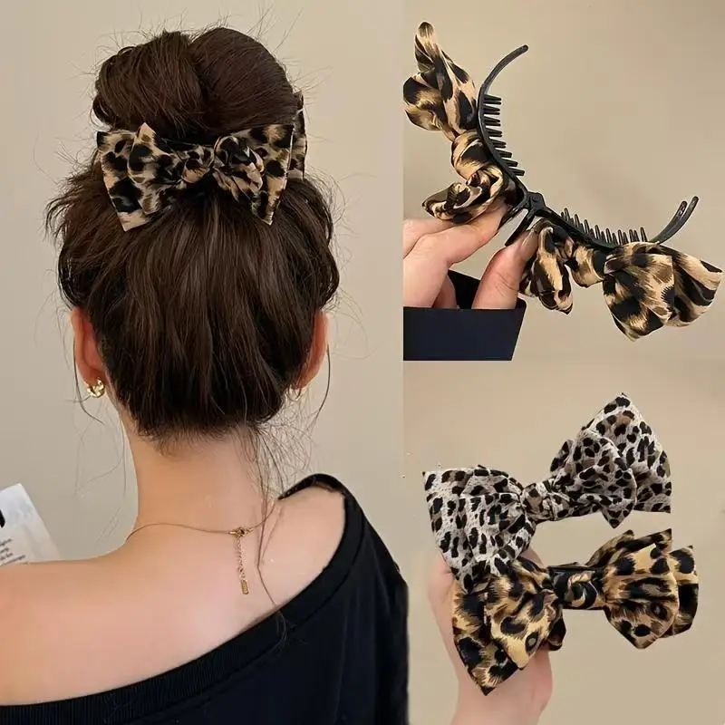 1 Stück Haarnadel mit Leoparden-Schleife – Retro, modischer Stoff. Fester Hai-Clip für Haare, ideal für alle Frisuren, Verabredungen und den täglichen Gebrauch